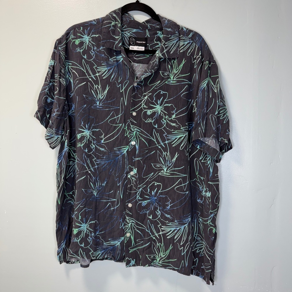 Original‎ Use Mens XXL Tropical Floral Button Down Shirt Charcoal Teal Rayon